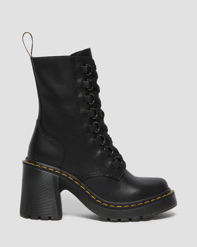 Botas de Tacon Dr Martens Chesney Cuero Flared Heel Mujer Negros | MX 632TCE